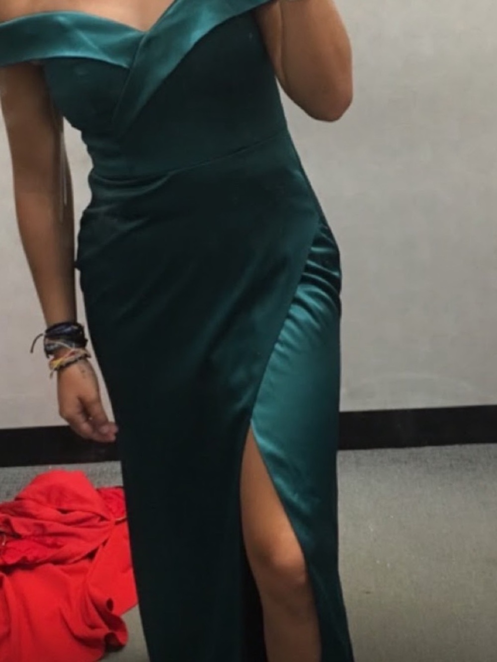 Sequin Hearts Teal Off-Shoulder Satin Prom Dress with High Slit